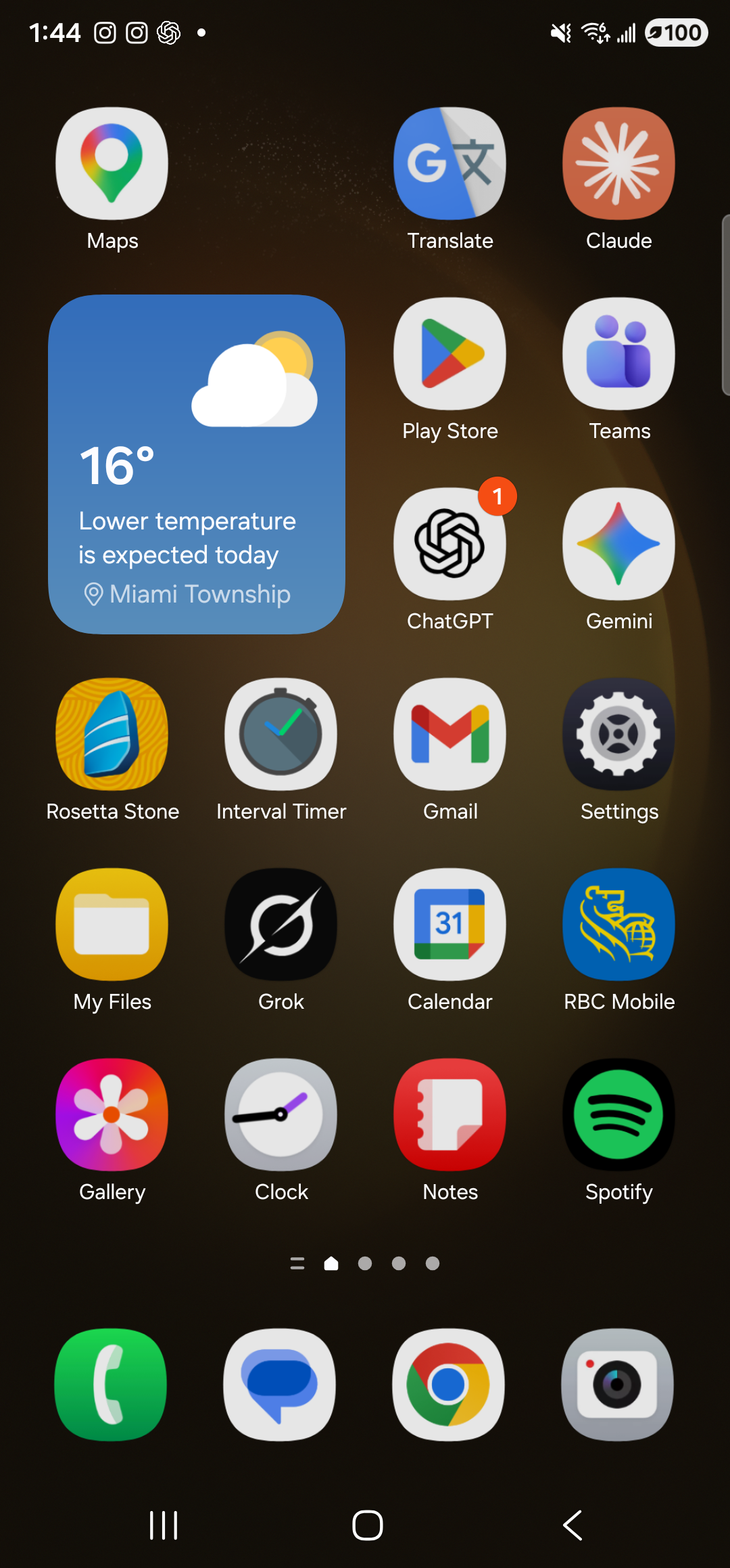 The Samsung One UI launcher home screen on the Galaxy S23 Ultra in dark mode. A grid of app icons fills the upper portion: Maps, Translate, Claude in the top row; a 16-degree weather widget for Miami Township sits to the left of Play Store and Teams; ChatGPT (with a small red ‘1’ badge), Gemini, Rosetta Stone, Interval Timer, Gmail (with a 19 badge), Settings, My Files, Grok, Calendar, RBC Mobile, Gallery, Clock, Notes, Spotify line up in subsequent rows. The dock at the bottom holds Phone, Messages, Chrome, and Camera. The status bar at the top shows the time, signal indicators, and a 100% battery. Aside is no longer foreground — the home screen has taken over.
