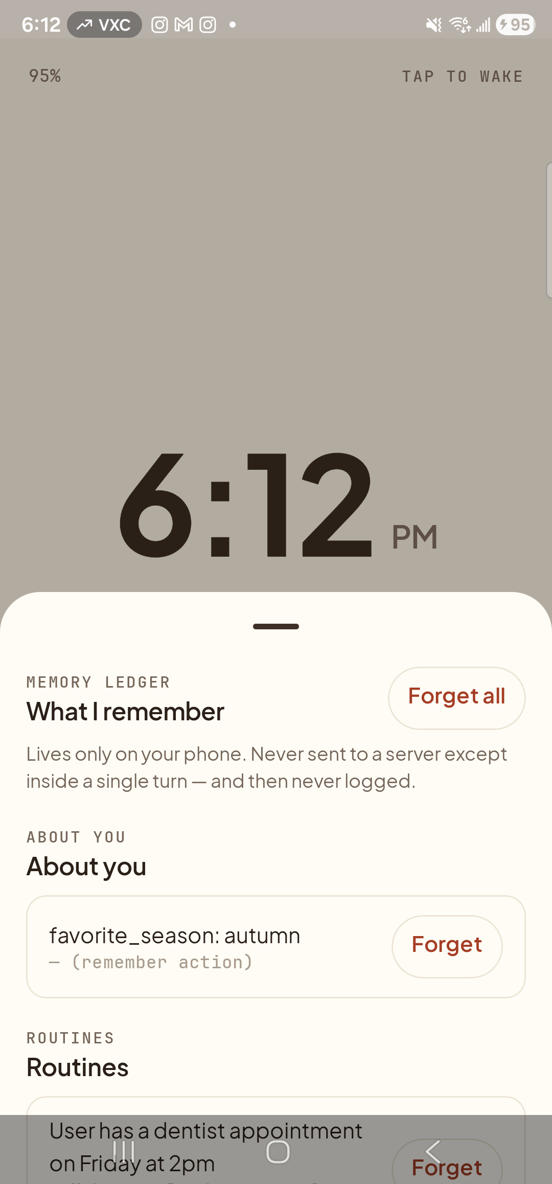 The Memory tab still open over Aside’s dimmed ambient clock view. The ‘RECENTLY LEARNED · REVIEW’ section is gone — no candidates left. Below the ‘Memory ledger / What I remember’ header and footnote, the first visible section is the eyebrow ‘ABOUT YOU’ with the heading ‘About you’, beneath which a single row reads ‘favorite_season: autumn’ with a small annotation ‘— (remember action)’ and a clay-red ‘Forget’ button on the right (no ‘Keep’ button — Keep is only for candidates). Below it the next section ‘ROUTINES / Routines’ begins.