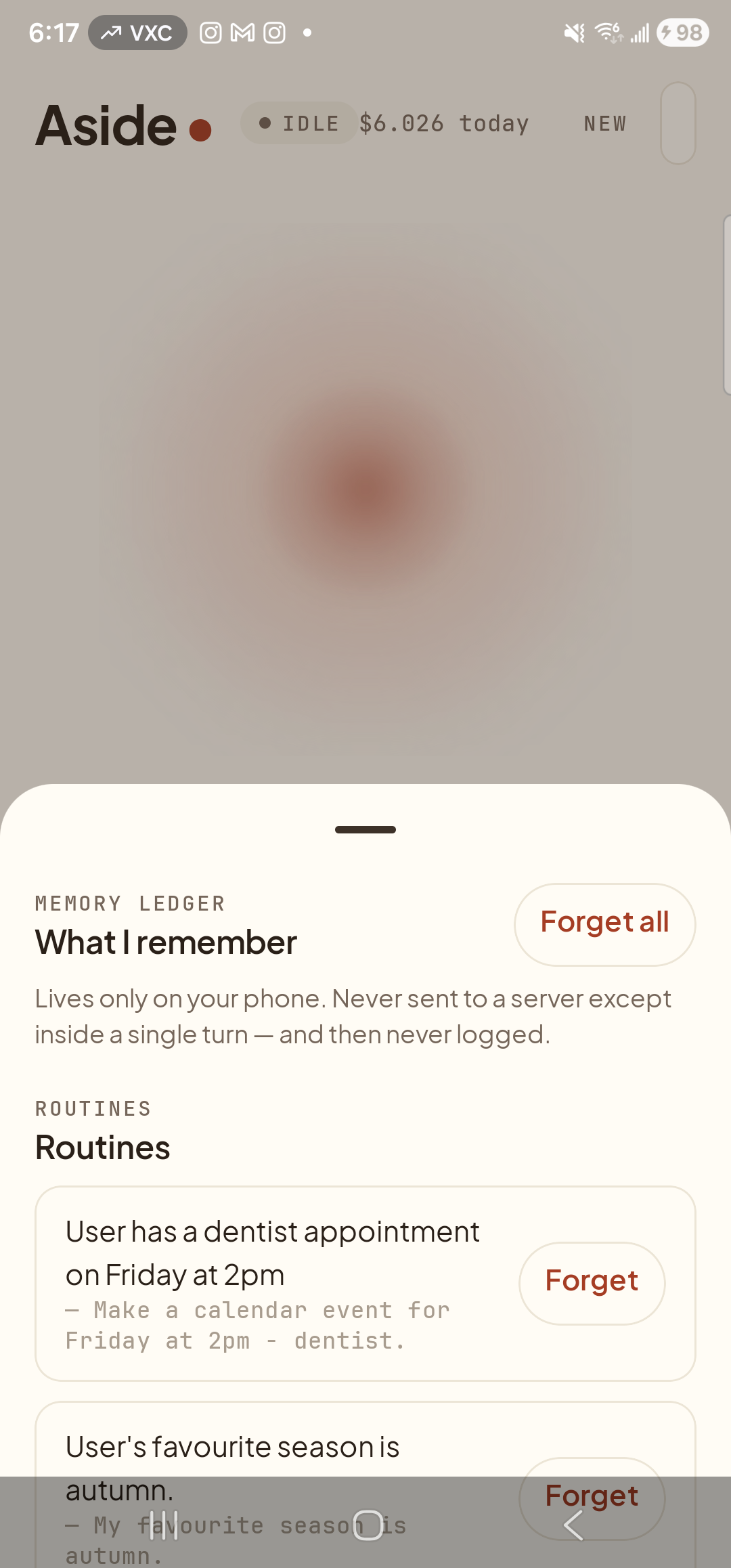 The Memory tab after the row is forgotten — sheet redrawn. The page header ‘Memory ledger / What I remember’, the privacy footnote, and the top-bar ‘Forget all’ pill are still in place. The ABOUT YOU section that previously contained ‘favorite_season: autumn’ is now empty and its heading has collapsed up, so the first visible category section is ROUTINES — listing ‘User has a dentist appointment on Friday at 2pm’ and the candidate ‘User’s favorite season is autumn.’ each with their own per-row Forget pill.