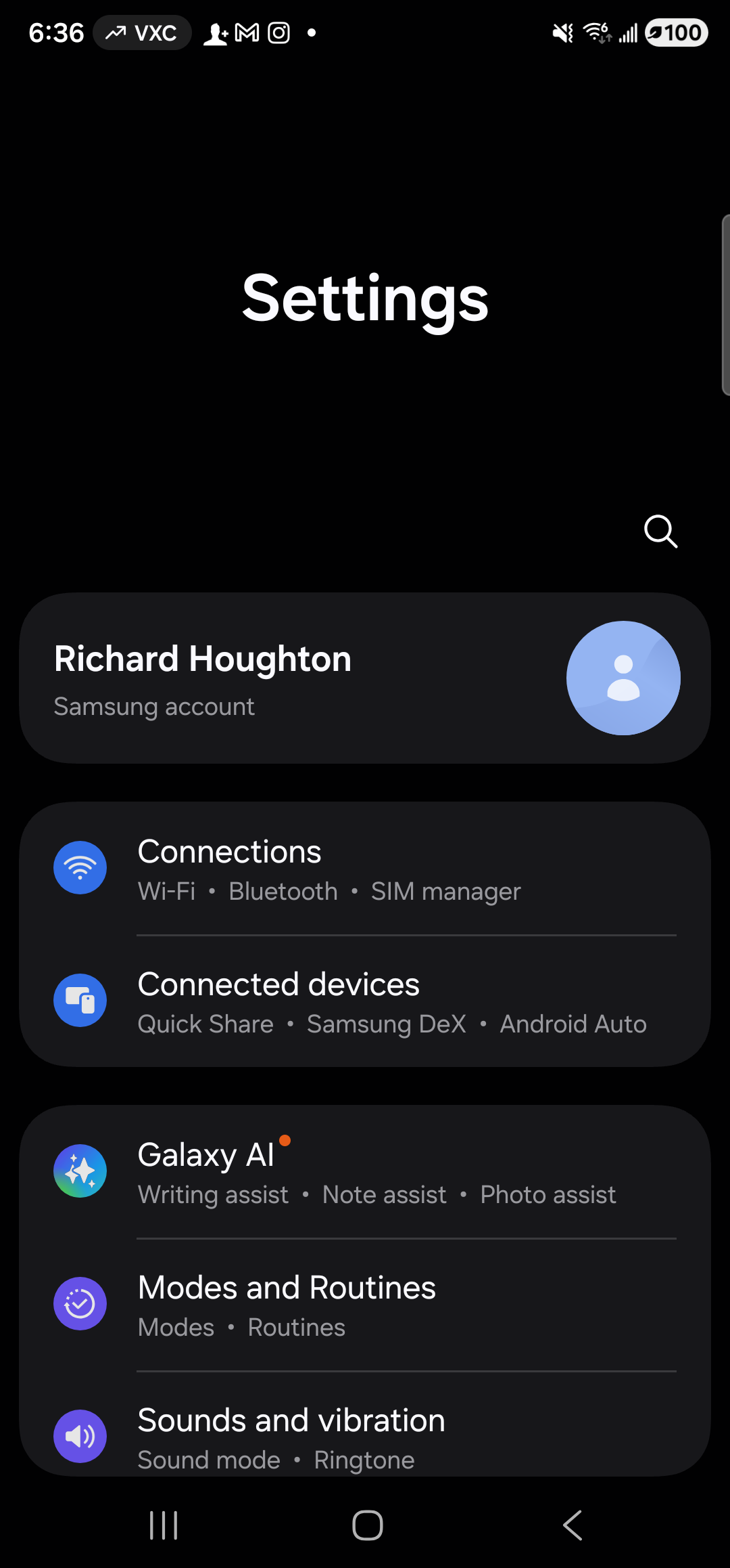 The Samsung One UI Settings app on a Galaxy S23 Ultra. Header reads ‘Settings’ with a search icon. The first card is a Samsung-account row showing the user’s name and a generic profile silhouette. Below that, scrollable rounded cards group setting categories: ‘Connections (Wi-Fi · Bluetooth · SIM manager)’, ‘Connected devices (Quick Share · Samsung DeX · Android Auto)’, ‘Galaxy AI (Writing assist · Note assist · Photo assist)’, ‘Modes and Routines (Modes · Routines)’, and ‘Sounds and vibration (Sound mode · Ringtone)’. Scroll further to find the ‘Apps’ category — that’s the next tap target.