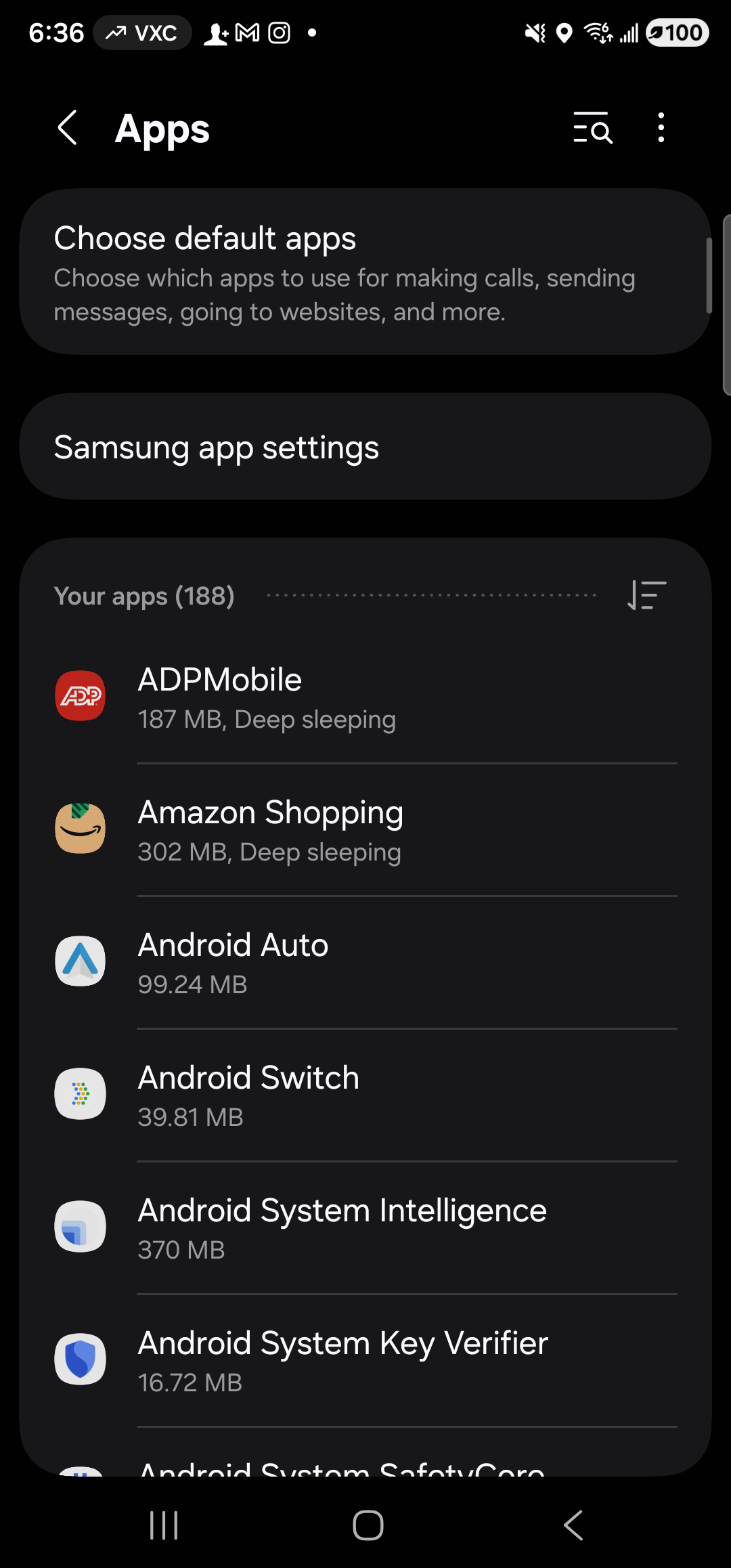 The Samsung One UI Apps screen on a Galaxy S23 Ultra. Header reads ‘Apps’ with a back arrow on the left and a search/sort icon plus an overflow menu on the right. The first highlighted card is ‘Choose default apps’ with a one-line summary ‘Choose which apps to use for making calls, sending messages, going to websites, and more.’ — that’s the next tap target. Below it sits a card for ‘Samsung app settings’. Beneath those is a section header ‘Your apps (188)’ followed by an alphabetically-sorted list of installed app rows, each with the app’s icon, name, and disk-space usage on the right.