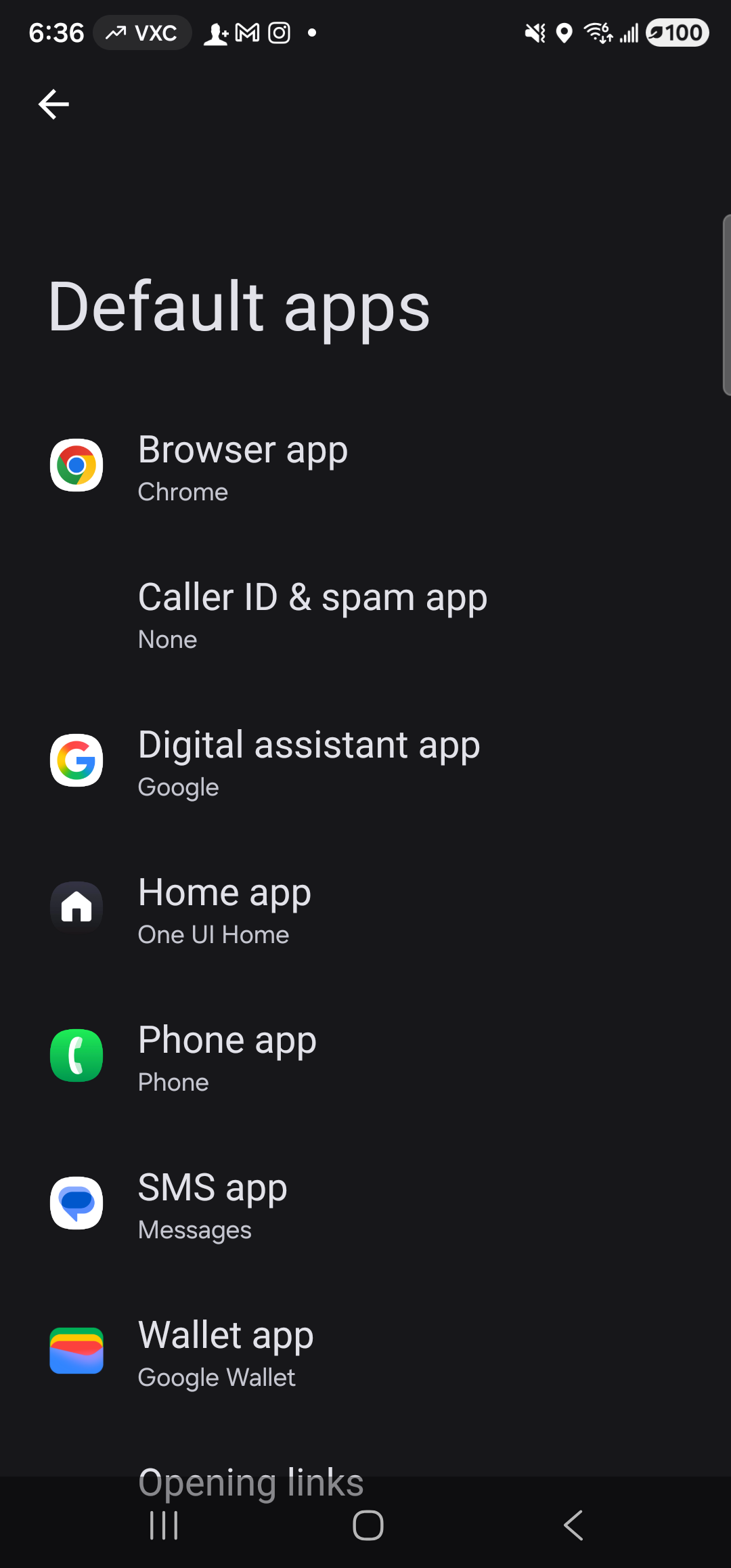 The Android Default apps screen on a Galaxy S23 Ultra. Header reads ‘Default apps’ with a back arrow. A vertical list of role rows: ‘Browser app — Chrome’, ‘Caller ID & spam app — None’, ‘Digital assistant app — Google’ (highlighted as the next tap target), ‘Home app — One UI Home’, ‘Phone app — Phone’, ‘SMS app — Messages’, and ‘Wallet app — Google Wallet’. A trailing entry ‘Opening links’ sits at the bottom of the visible list. Each row shows the current default in lighter type beneath its label.