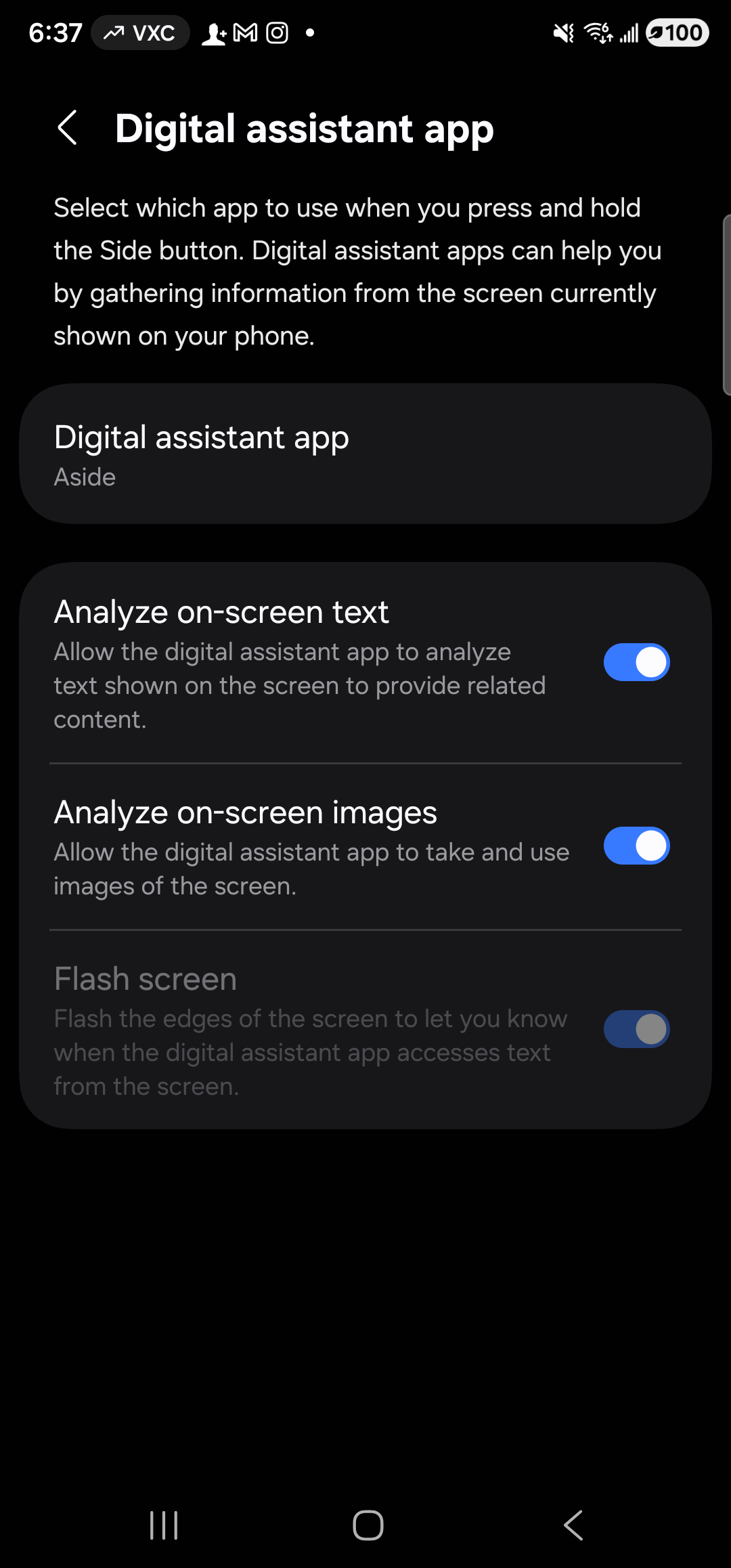The Android Digital assistant app settings page after Aside has been chosen. Header reads ‘Digital assistant app’ with a back arrow. A short paragraph explains: ‘Select which app to use when you press and hold the Side button. Digital assistant apps can help you by gathering information from the screen currently shown on your phone.’ Below the explanation, a single highlighted card titled ‘Digital assistant app’ shows ‘Aside’ as the current default. Three further rows below that govern what the assistant is allowed to read or flash on screen: ‘Analyze on-screen text’ (toggle on), ‘Analyze on-screen images’ (toggle on), and ‘Flash screen’ (toggle off, greyed because no assistant app provides it).