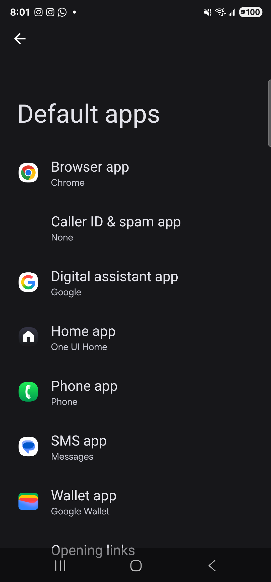 The Android system Default apps screen on a One UI 6 device, opened on top of Aside. Header reads ‘Default apps’ with a back arrow. The dark-themed list shows seven category rows: ‘Browser app’ (current default Chrome), ‘Caller ID & spam app’ (None), ‘Digital assistant app’ (current default Google), ‘Home app’ (One UI Home), ‘Phone app’ (Phone), ‘SMS app’ (Messages), and ‘Wallet app’ (Google Wallet). The ‘Digital assistant app’ row is the next tap target. Each row shows the current default in lighter type beneath its label.